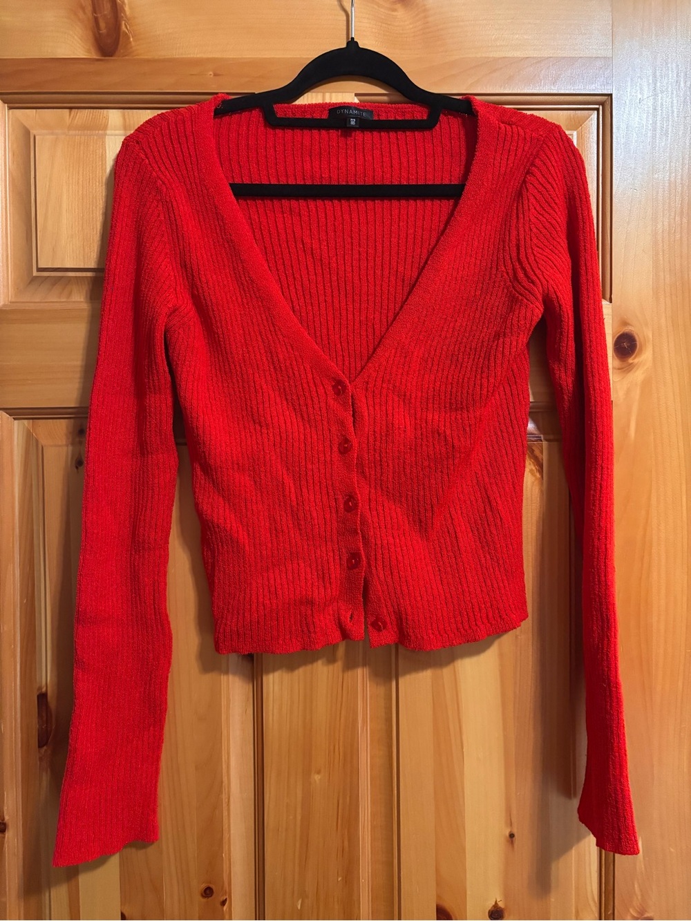 Dynamite Bright Red Ribbed V-Neck Button Cardigan